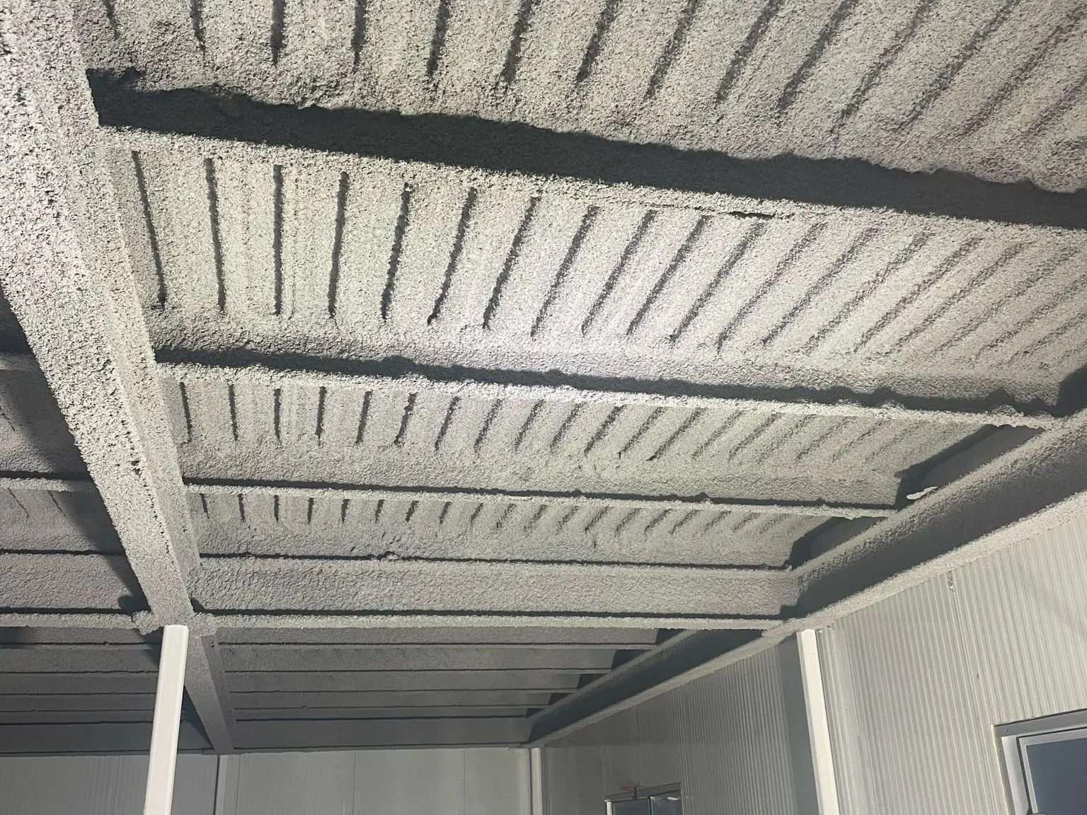 Steel deck and beams treated with cementitious fireproofing