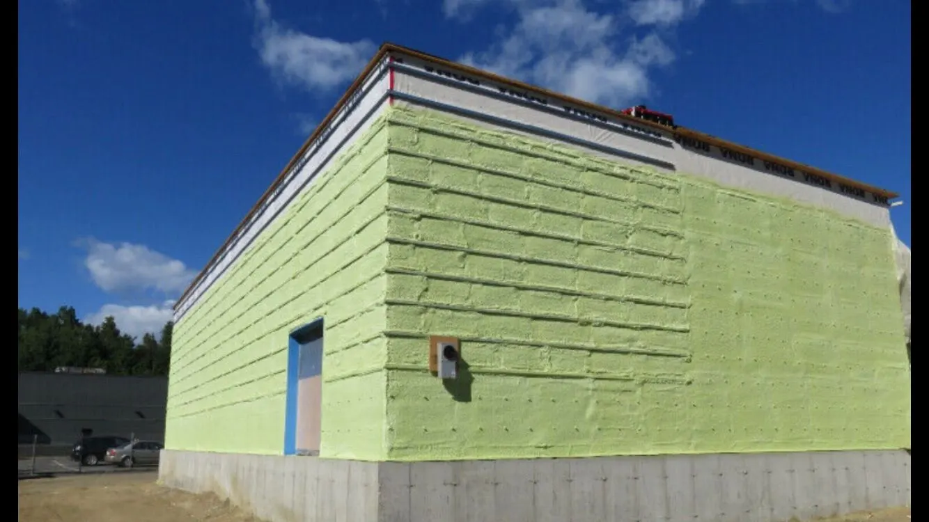 School exterior wall covered in green spray foam